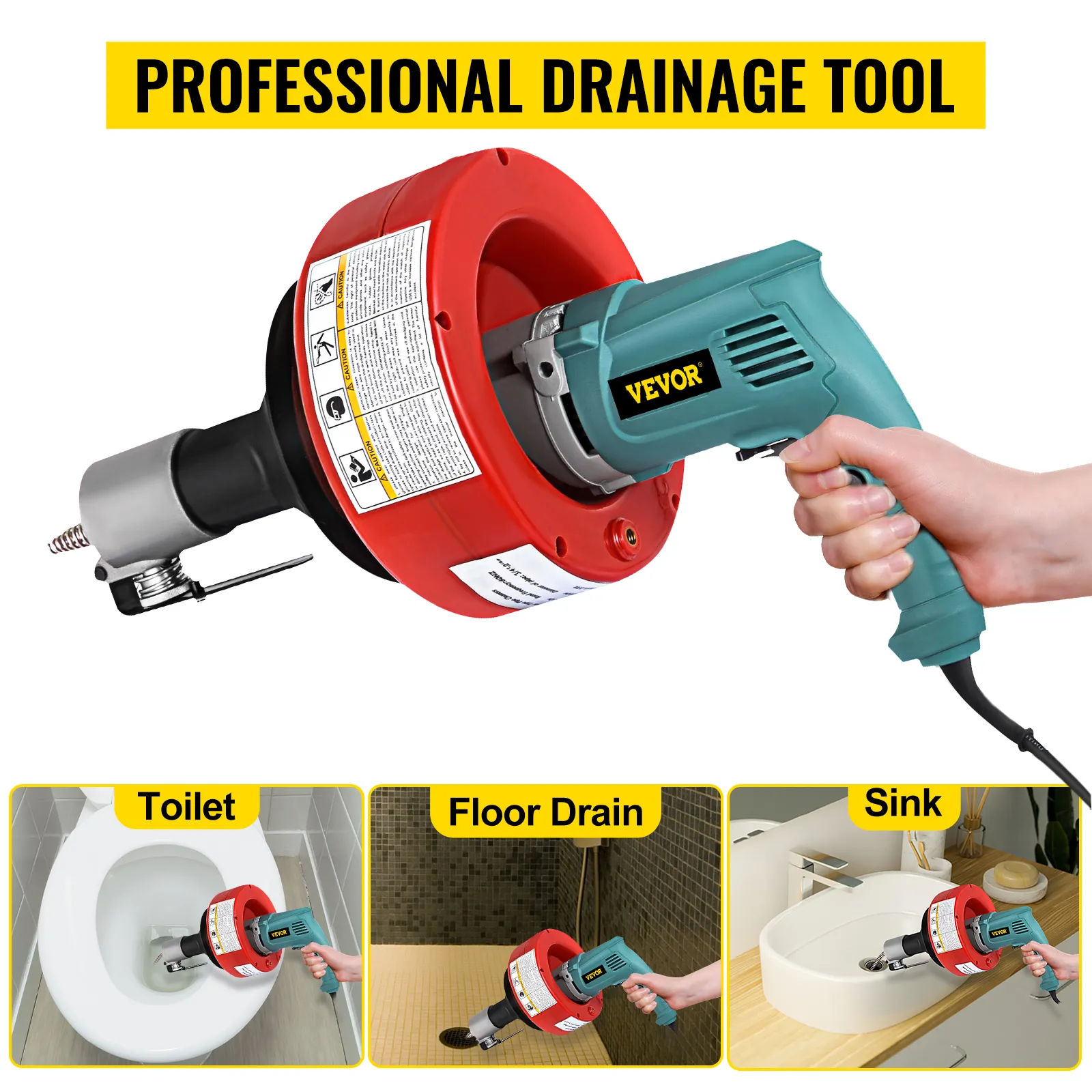 VEVOR electric drain auger used in toilet, floor drain, and sink. professional drainage tool.
