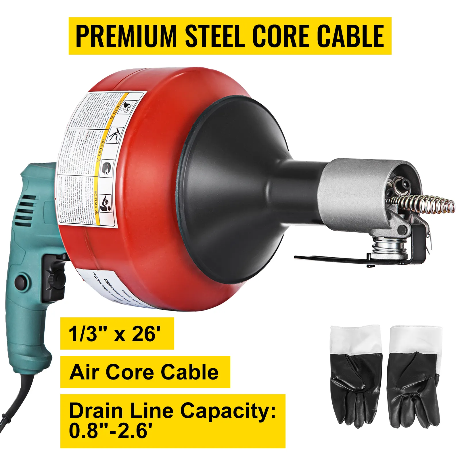 VEVOR electric drain auger with steel core cable and gloves, 1/3" x 26' capacity.