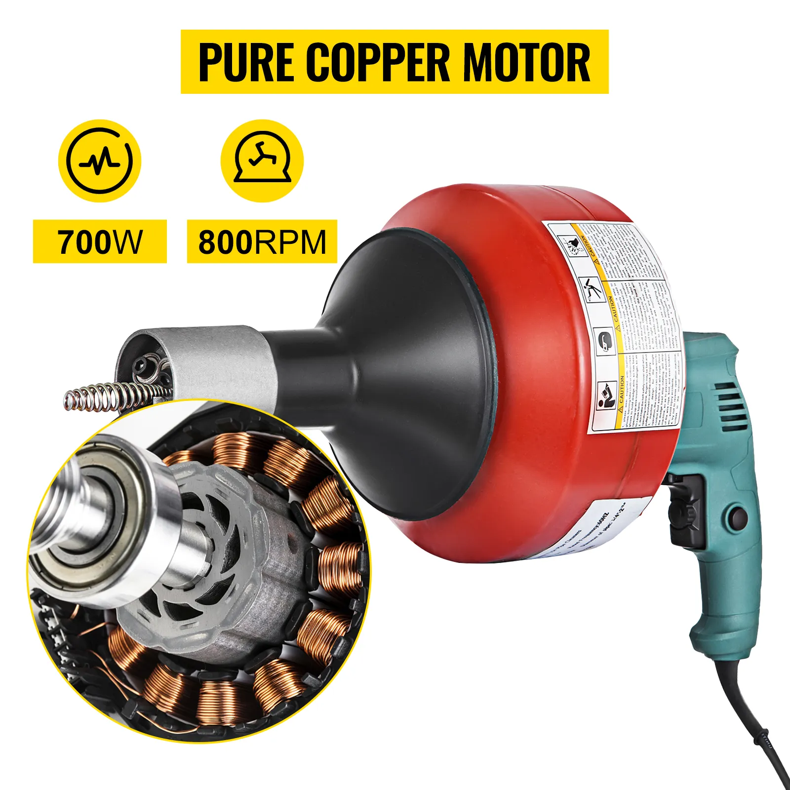 VEVOR electric drain auger with 700w motor and 800rpm speed, pure copper motor.