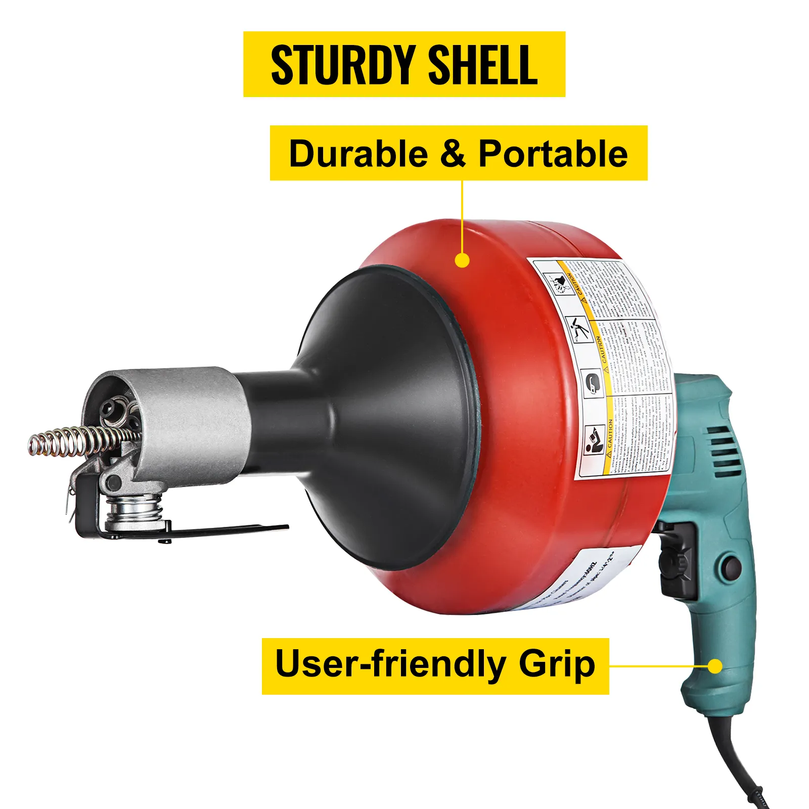 VEVOR electric drain auger with sturdy shell, durable and portable, user-friendly grip.