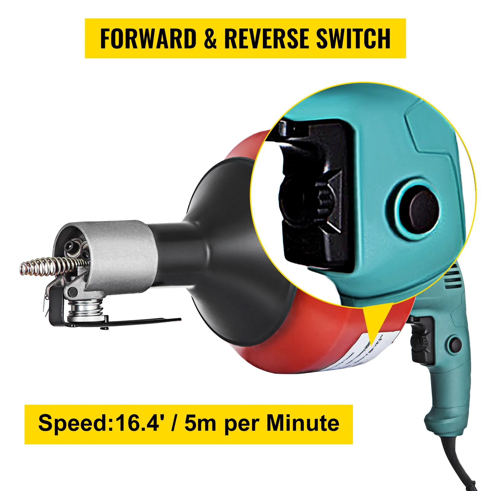 VEVOR electric drain auger with forward and reverse switch, speed 5m per minute.