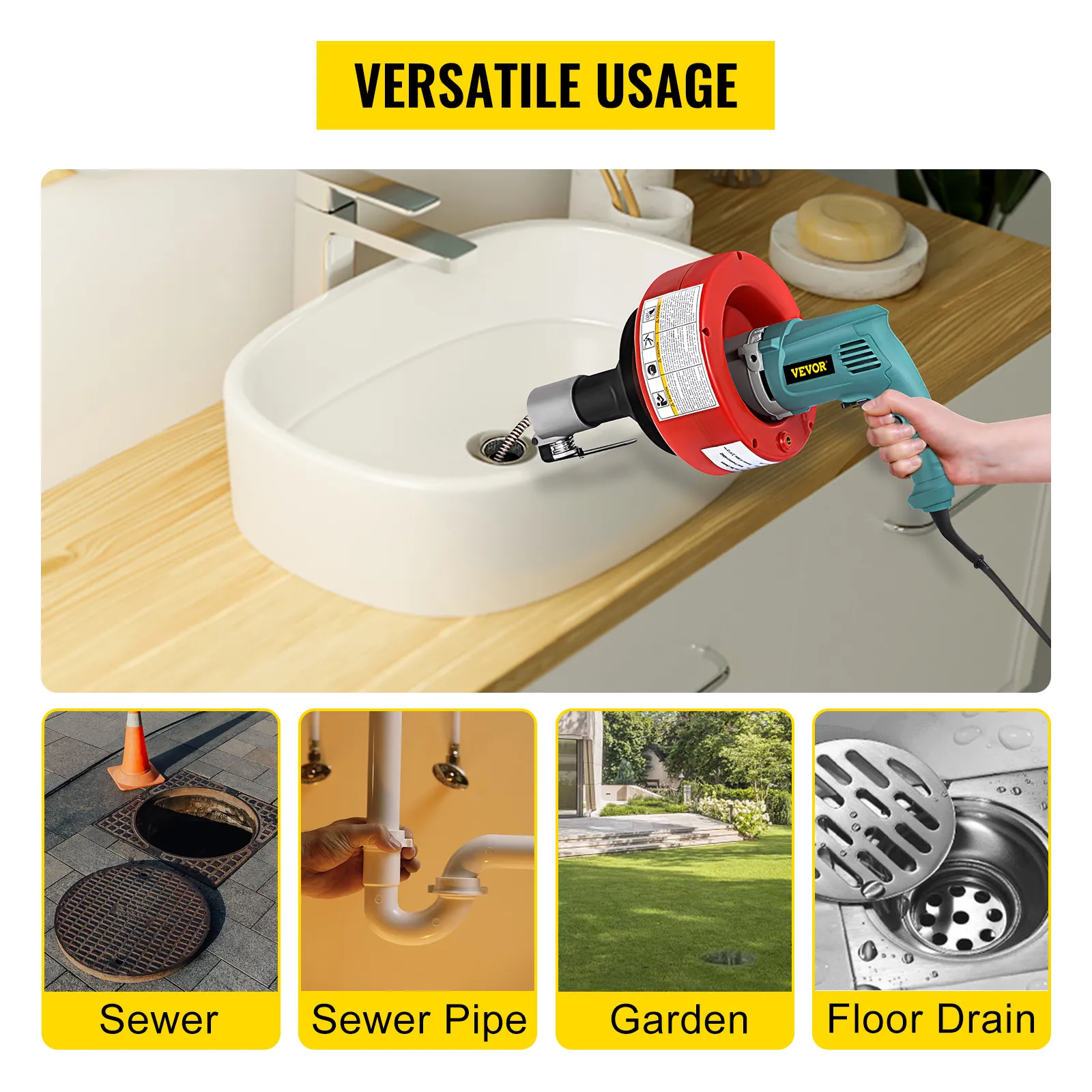 VEVOR electric drain auger for sink, sewer pipe, garden, and floor drain cleaning.