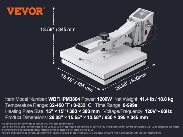 VEVOR warmtepersmachine met een vermogen van 1200 W en een verwarmingsplaat van 15"x15".