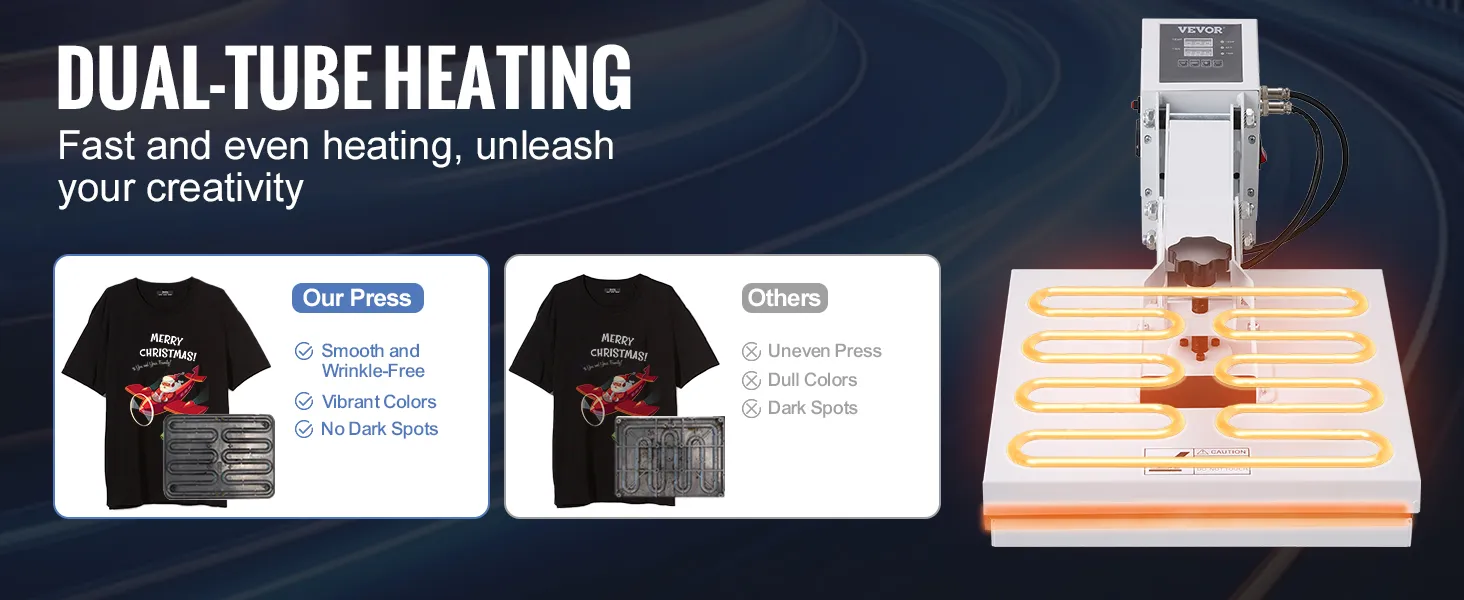 VEVOR-warmtepersmachine met dubbele buisverwarming en gladde, levendige afdrukresultaten.