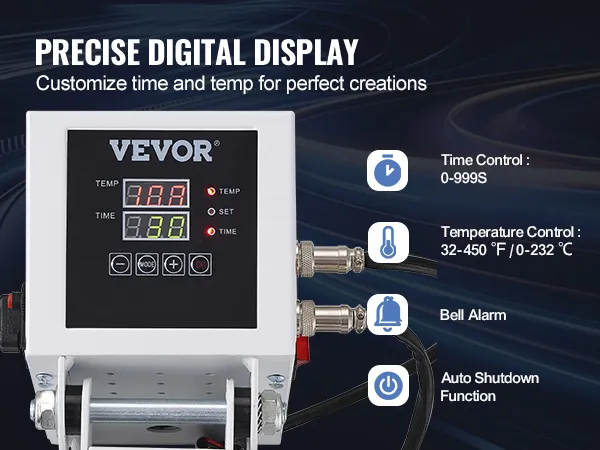VEVOR-warmtepersmachine met nauwkeurige digitale weergave, tijd- en temperatuurregeling.