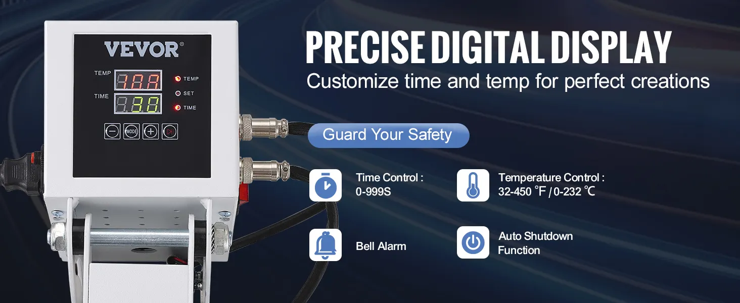 VEVOR-warmtepersmachine met nauwkeurige digitale weergave, tijd- en temperatuurregeling.