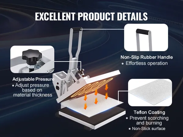 VEVOR warmtepersmachine met instelbare druk, antislip handvat en tefloncoating.