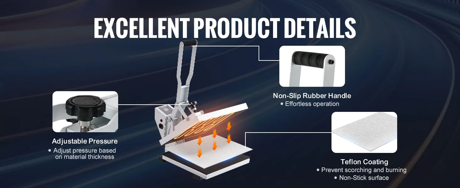 VEVOR warmtepersmachine met instelbare druk, antislip handvat en tefloncoating.