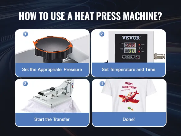 Stappen voor het gebruik van de VEVOR-warmtepersmachine: druk en temperatuur instellen, overdracht starten en klaar!