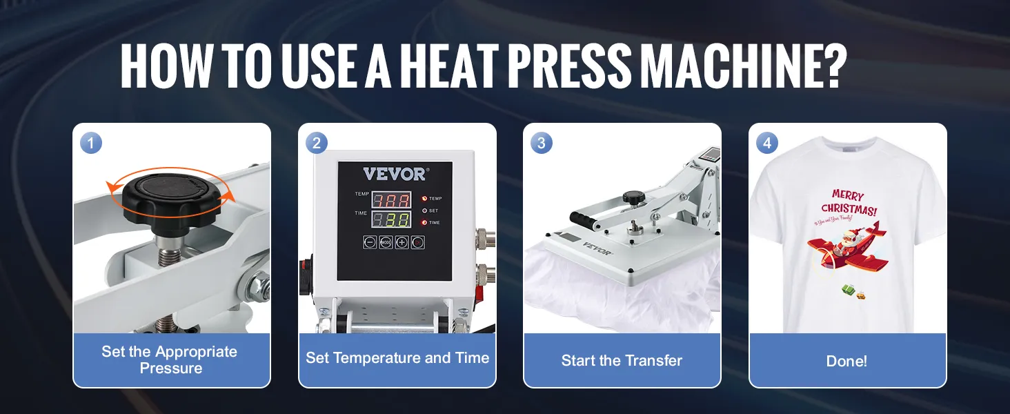 Stappen voor het gebruik van de VEVOR-warmtepersmachine: druk en temperatuur instellen, overdracht starten en klaar!