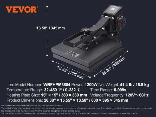 VEVOR heat press with 15"x15" heating plate, 1200w power, and dimensions 26.38"x15.55".