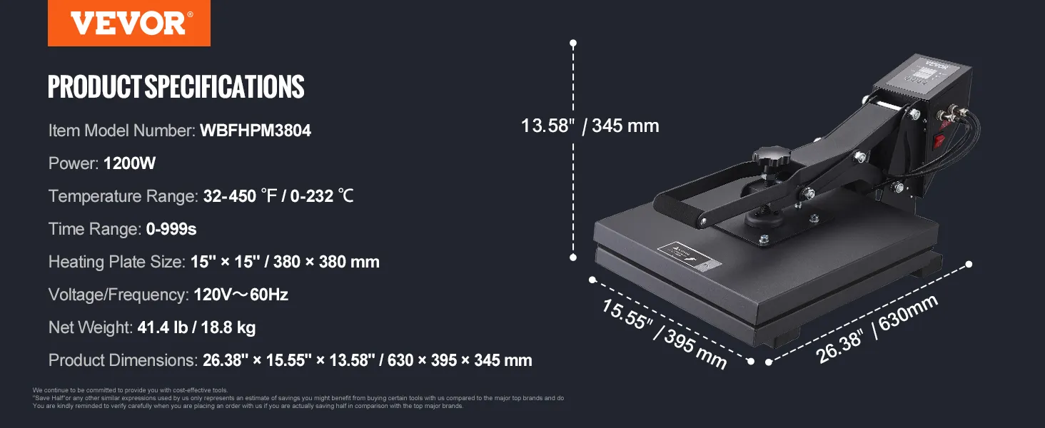 VEVOR heat press with 15"x15" heating plate, 1200w power, and dimensions 26.38"x15.55".