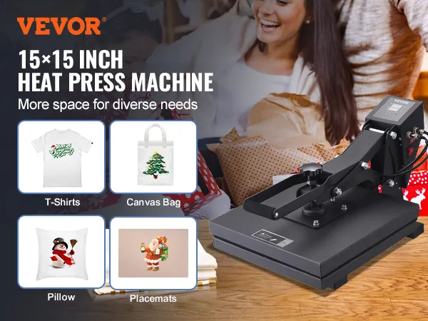 VEVOR heat press 15x15 inch machine for diverse needs; ideal for canvas bags, t-shirts, pillows, and placemats