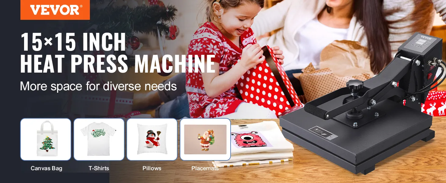 VEVOR heat press 15x15 inch machine for diverse needs; ideal for canvas bags, t-shirts, pillows, and placemats