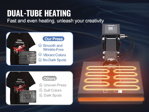VEVOR heat press with dual-tube heating ensures smooth, vibrant, wrinkle-free prints.
