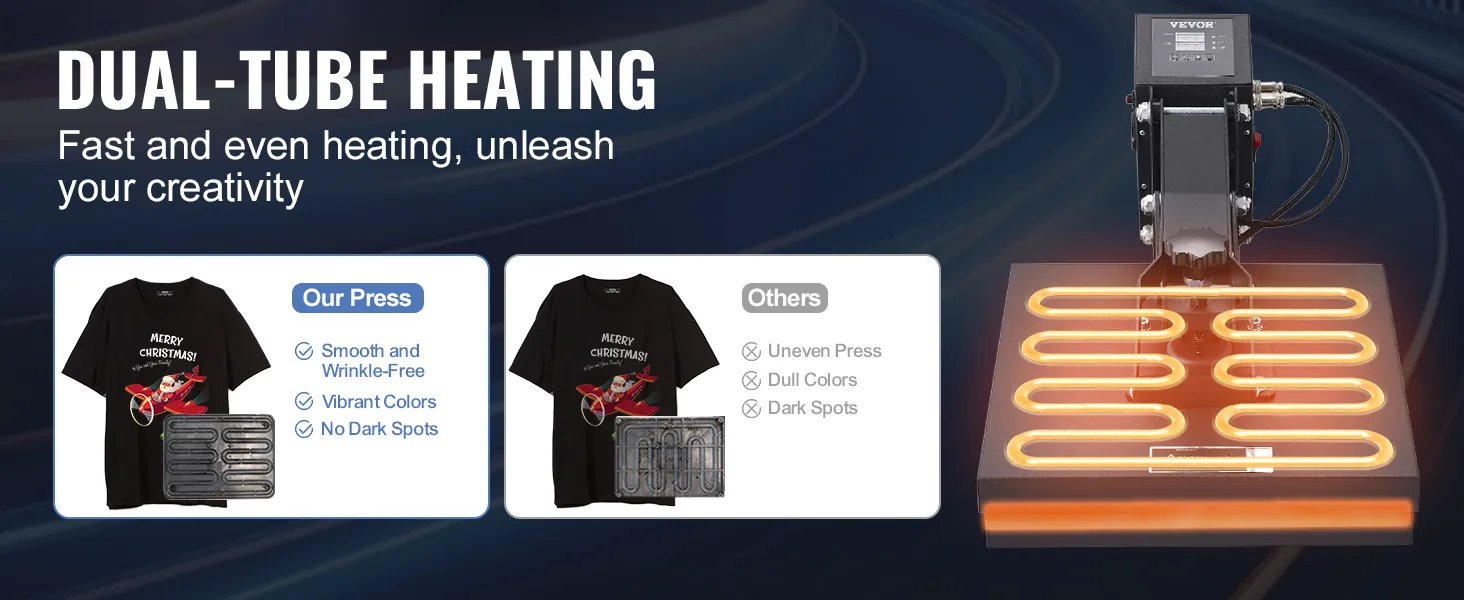 VEVOR heat press with dual-tube heating ensures smooth, vibrant, wrinkle-free prints.