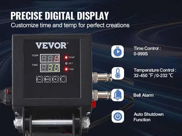 VEVOR heat press with precise digital display for customizing time and temperature.
