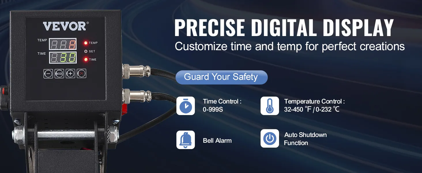 VEVOR heat press with precise digital display for customizing time and temperature.
