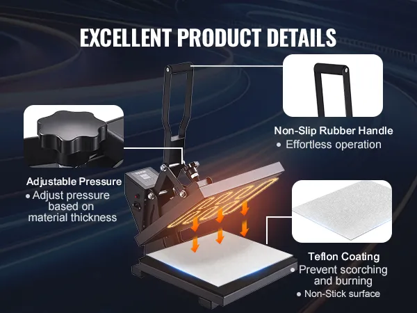 VEVOR heat press with adjustable pressure, non-slip rubber handle, and teflon coating.