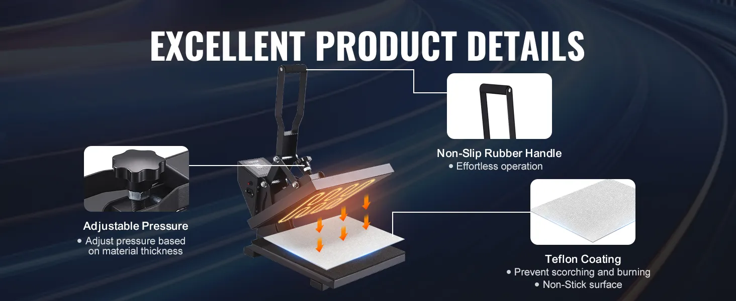 VEVOR heat press with adjustable pressure, non-slip rubber handle, and teflon coating.