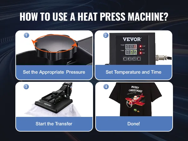 VEVOR heat press steps: set pressure, set temp/time, start transfer, done!