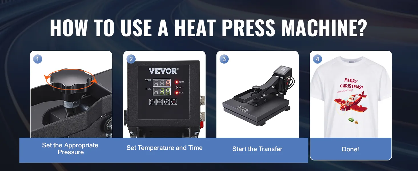 VEVOR heat press steps: set pressure, set temp/time, start transfer, done!