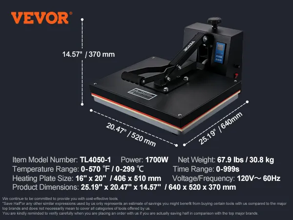 VEVOR warmtepersmachine tl4050-1, 1700w, verwarmingsplaat van 16"x20", 0-570°f, 120v, 67,9 lbs, 25,19"x20,47"x14,57".