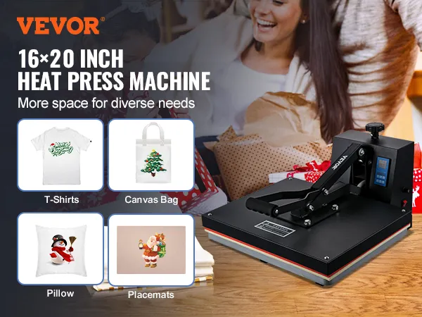 VEVOR-warmtepersmachine, ideaal voor canvas tassen, t-shirts, kussens en placemats, met voldoende werkruimte.