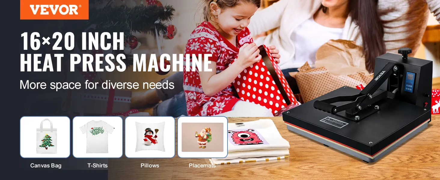 VEVOR-warmtepersmachine, ideaal voor canvas tassen, t-shirts, kussens en placemats, met voldoende werkruimte.