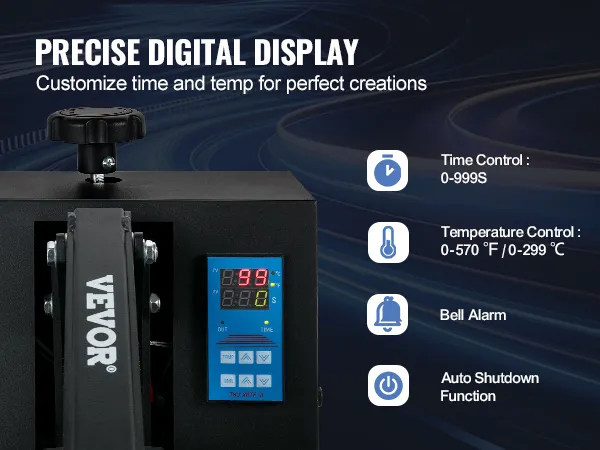 VEVOR-warmtepersmachine met nauwkeurig digitaal display, instelbare tijd/temperatuur, belalarm en automatische uitschakeling.