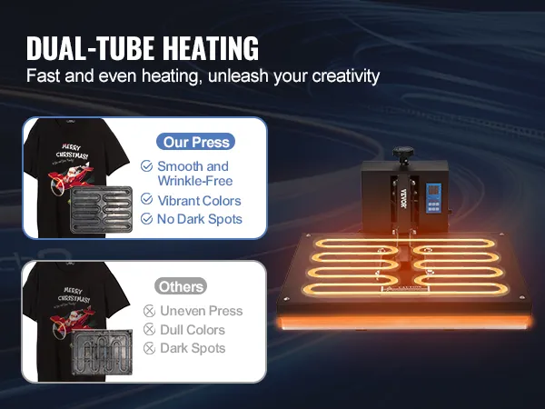 VEVOR-warmtepersmachine met dubbele buisverwarming. Gladde, levendige afdrukken zonder donkere vlekken.