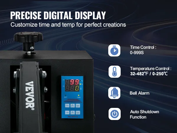 VEVOR warmtepersmachine met nauwkeurig digitaal display, instelbare tijd/temperatuur, veiligheidsfuncties.