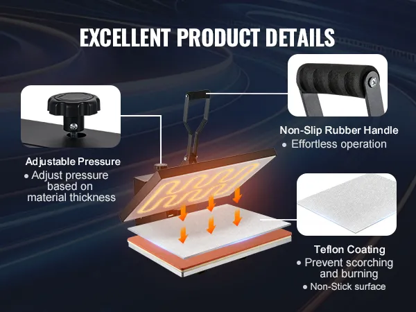 Uitstekende productdetails van de VEVOR-warmtepersmachine, met instelbare druk en tefloncoating.