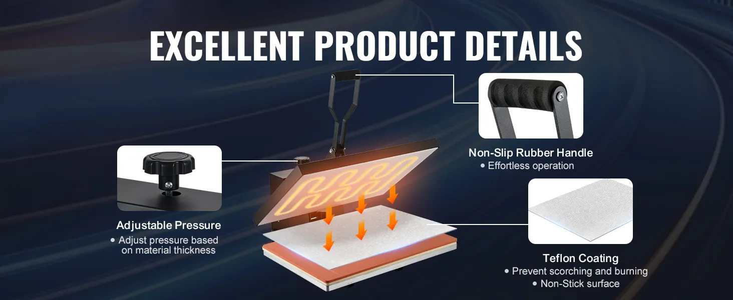 excellent product details of the VEVOR heat press machine, featuring adjustable pressure and teflon coating.
