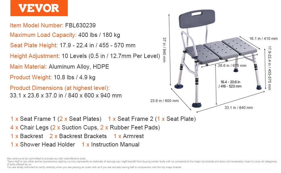 VEVOR tub transfer bench, 400lb capacity, aluminum alloy, seat height 17.9-22.4in, 33.1x23.6x37.0in dimensions.