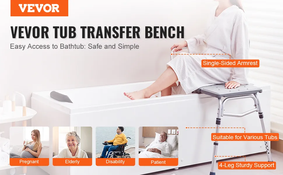 VEVOR tub transfer bench with single-sided armrest, 4-leg support, suitable for various tubs.