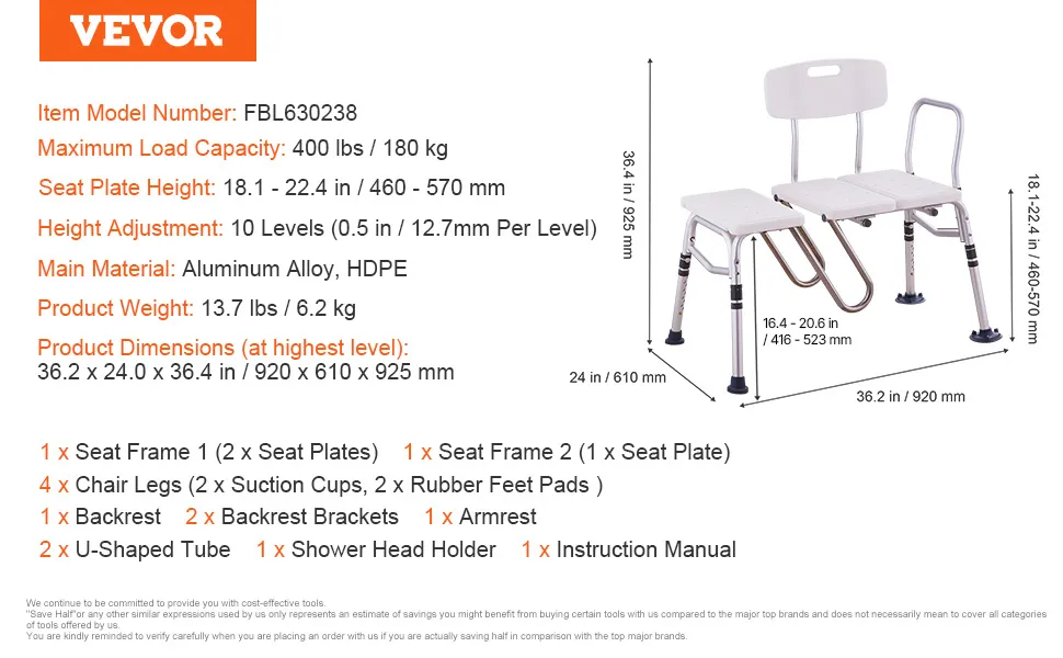 VEVOR tub transfer bench with adjustable height, aluminum alloy frame, backrest, and wide seat.