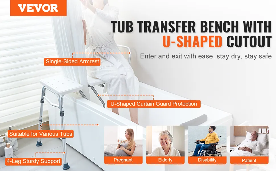 VEVOR tub transfer bench with u-shaped cutout, single-sided armrest, suitable for various tubs.