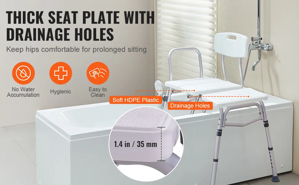 VEVOR tub transfer bench with thick hdpe plastic seat, drainage holes, adjustable height, easy to clean.