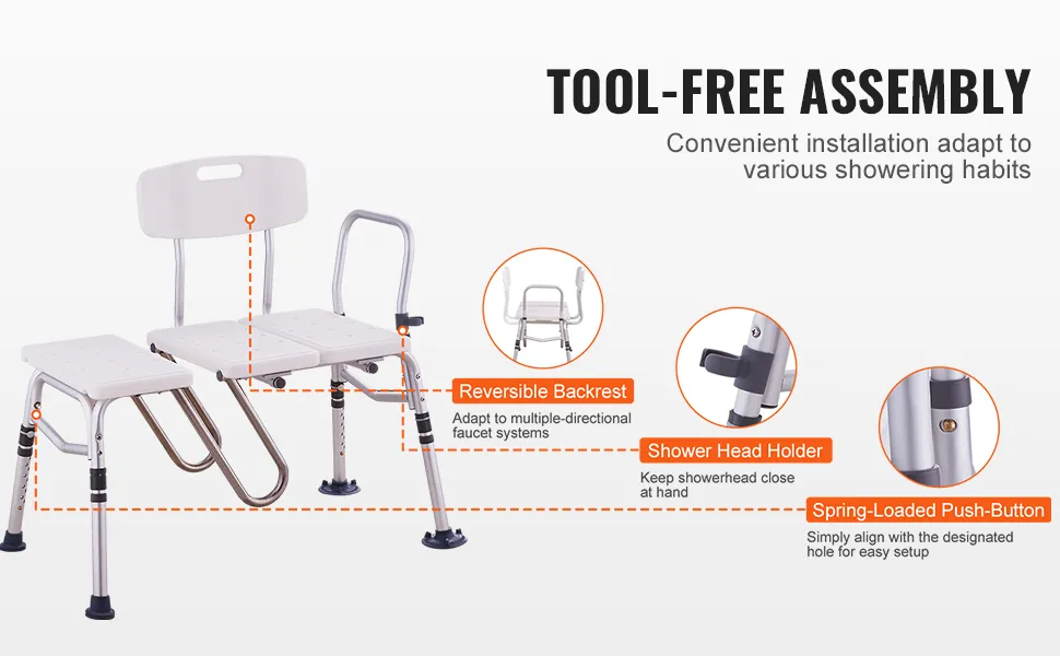 VEVOR tub transfer bench with reversible backrest, shower head holder, and spring-loaded push-button. tool-free assembly.