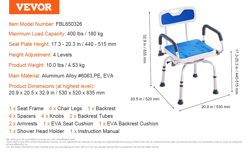 VEVOR shower chair with blue eva seat cushion, adjustable height, and aluminum alloy frame.