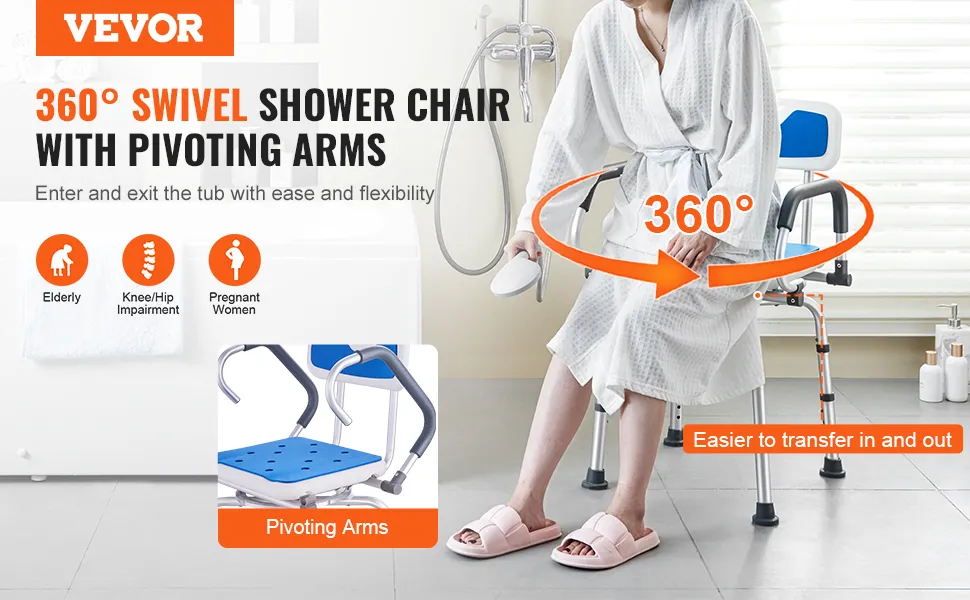 VEVOR shower chair with pivoting arms, 360° swivel, ideal for elderly, pregnant women, knee/hip impairment.