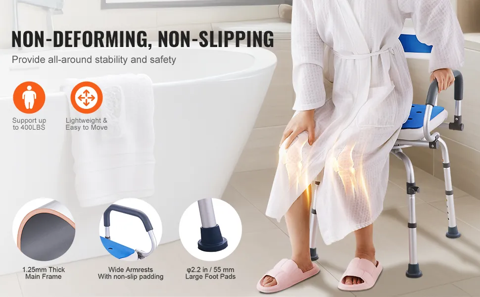 person using VEVOR shower chair near a bathtub with padded armrests and large foot pads for support.