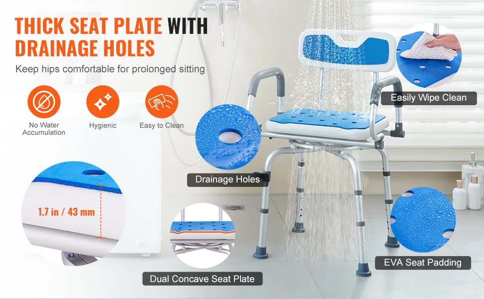 VEVOR shower chair with thick seat plate, drainage holes, eva padding, and easy-clean features.