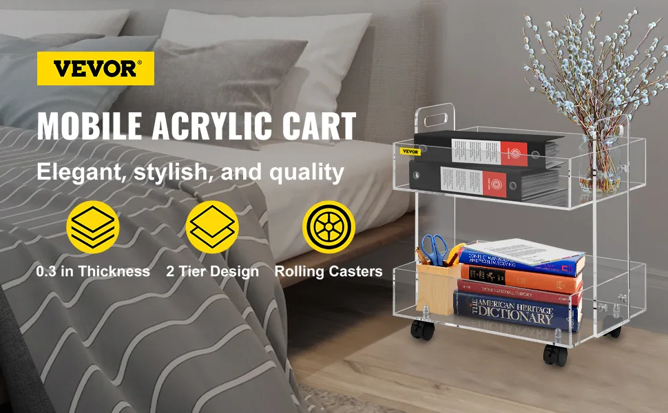VEVOR acrylic cart near bed with books, binders, scissors, and plant. features: 2-tier design, rolling casters.