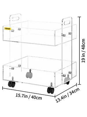 VEVOR acrylic cart, clear two-tier, dimensions 15.7x13.4x19in, with wheels and handles.