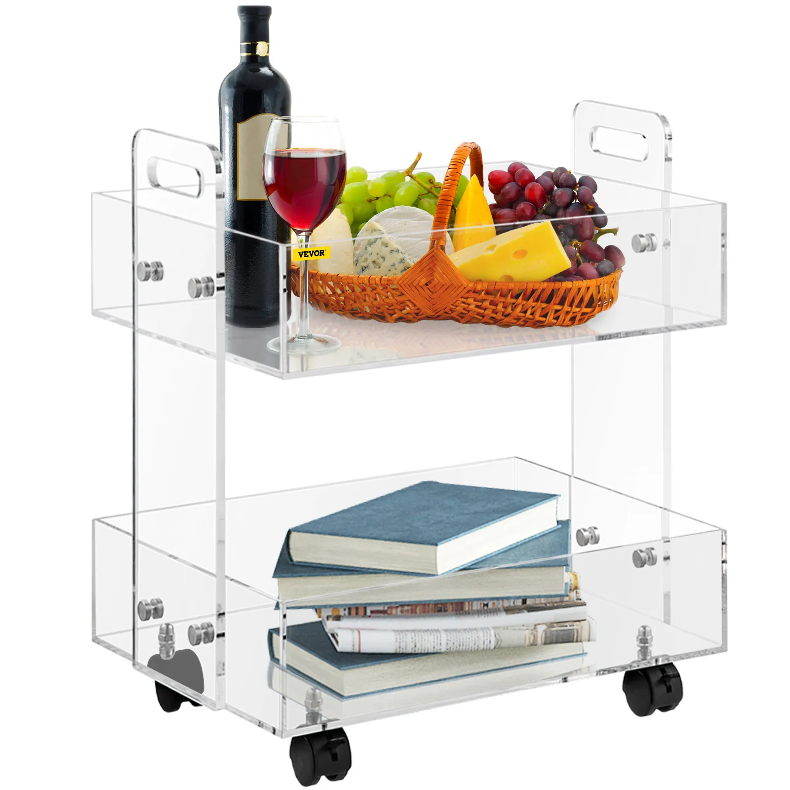 VEVOR acrylic cart with wine bottle, glass of red wine, fruit basket, and books on two layers with wheels.