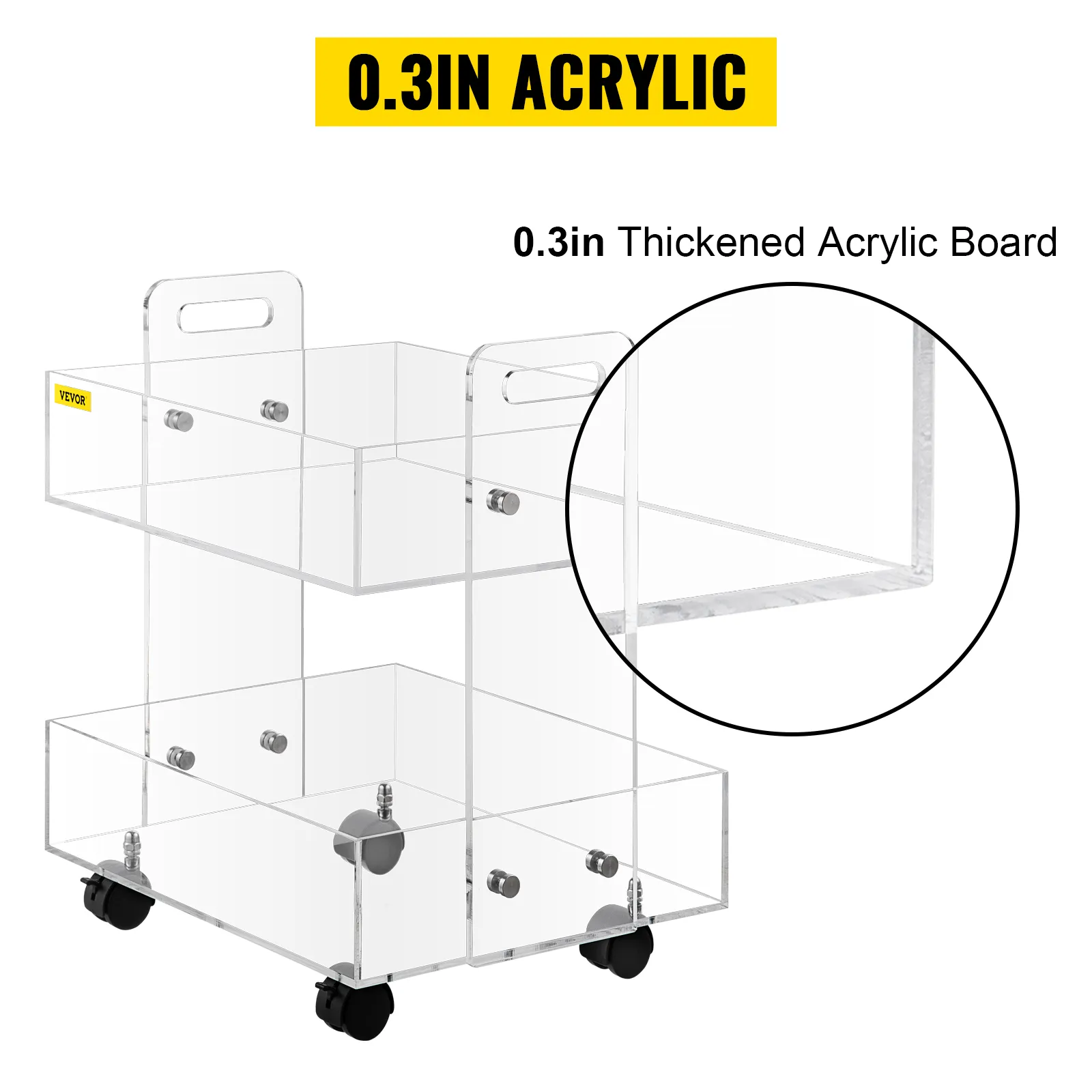 VEVOR acrylic cart with 0.3in thick acrylic board, two shelves, and caster wheels for easy mobility.