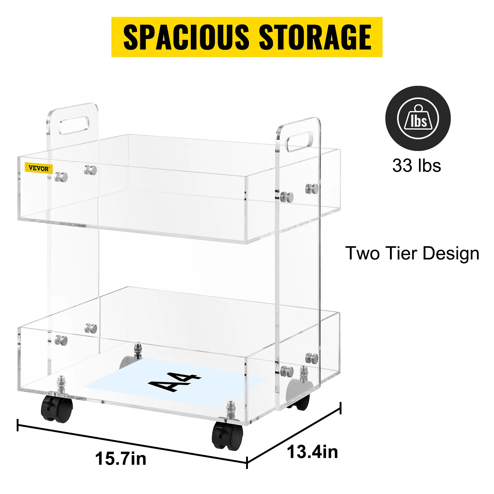 VEVOR acrylic cart with spacious storage, two-tier design, 15.7x13.4 inches, holds up to 33 lbs.