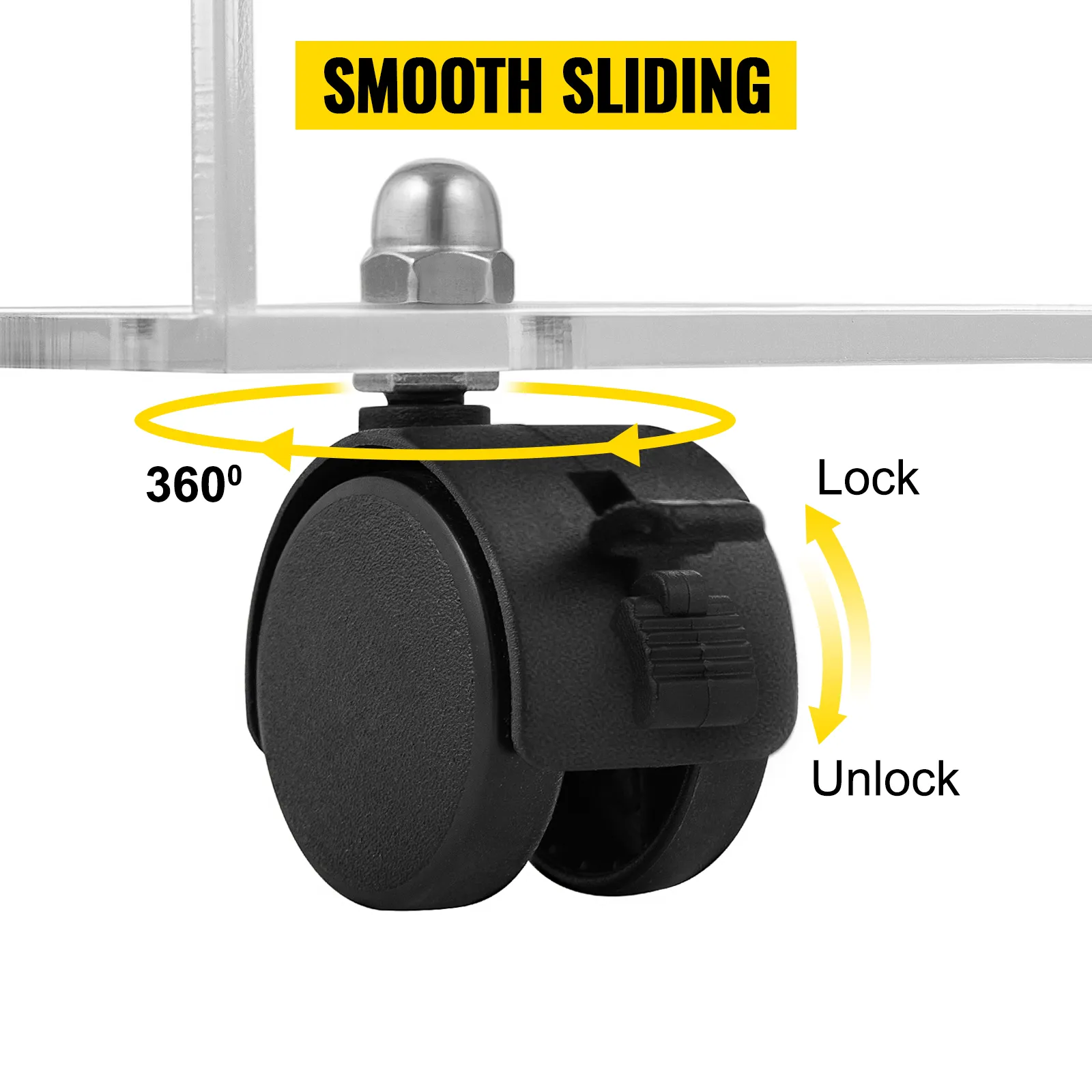 VEVOR acrylic cart caster with 360-degree rotation and lock-unlock feature, showcasing smooth sliding.